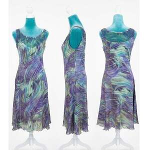 KOMAROV Hand Pleated Crinkle Plissé Midi Dress Purple Teal Green Lace USA